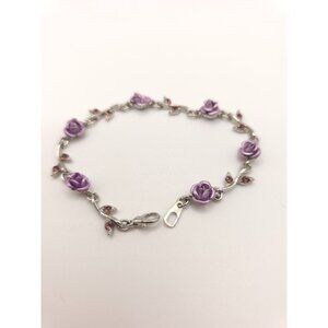 Purple Rose & Crystal Leaf Silver-Tone Bracelet With Lobster Clasp